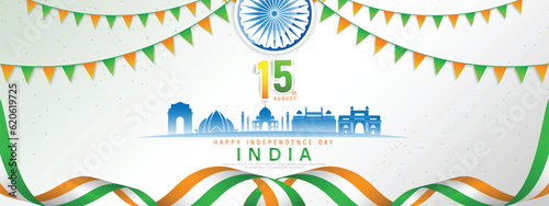 15 th August Indian Independence Day banner template design with Indian flag, Ashoka Chakra and silhouette of Indian monument.