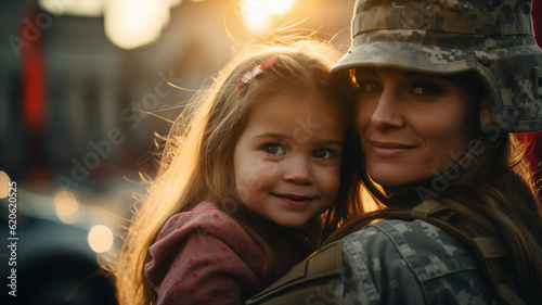 military, service woman, hugs, child, smilecore, reverent, tranquil, embracing, love, heartfelt, tender, family, joy, connection, serene, grateful, emotional, sacred, comfort, proud, honor, sentimenta photo