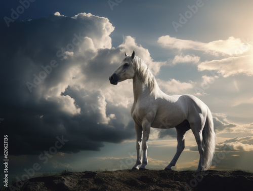 Ethereal Elegance  Majestic White Horse Standing - Grace and Serenity in Equine Beauty - Generative AI