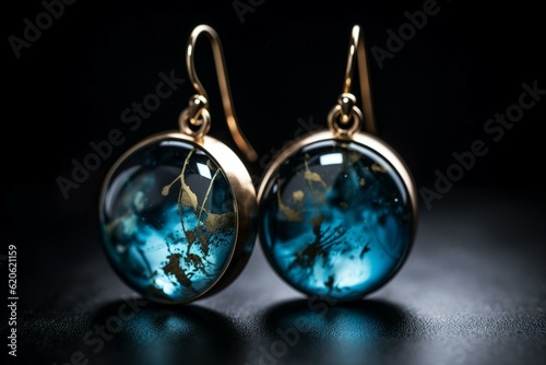 Earrings made of epoxy resin in shades of blue, white and gold. Generative AI