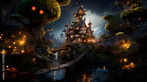 Dramatic fantasy tree castle, cartoon animation. Generative ai