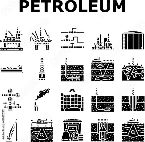 petroleum engineer oil industry icons set vector. energy gas, fuel power, industrial technology, construction factory, plant petroleum engineer oil industry glyph pictogram Illustrations