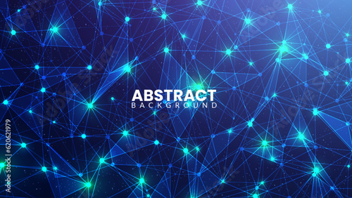 Futuristic technology with abstract mesh and particles on a dark background. Plexus lines with glowing connected dots. Neural network concept, big data stream technology, world data