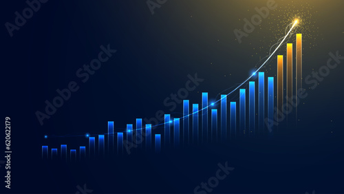 Futuristic business growth bar chart background. Successful financial boost and up arrow with lightning beam effect. Rising stock market economy illustration