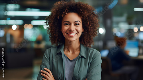 A beautiful woman with curly hair and a beaming smile radiates joy and happiness. Her infectious joy is sure to make anyone around her smile. Created with AI. photo