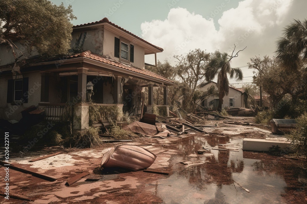 Hurricane Ian devastated Florida neighborhood, leaving homes destroyed. Natural disaster aftermath. Generative AI
