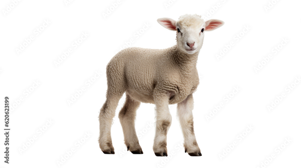 Naklejka premium A lamb, which is a young sheep, stands alone on a transparent background and gazes directly at the camera. The image captures the lamb's entire body from a side perspective. This photograph represents
