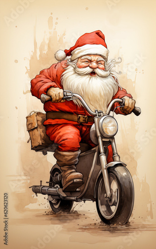 Illustration of a funny Santa Claus delivering presents on a motorcycle