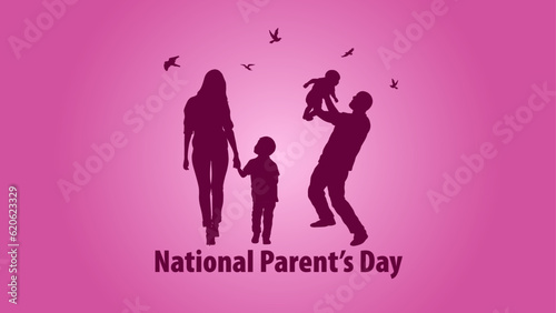 Happy Parents Day holiday greeting card. Happy family character and text Parents on pink background. Stylish modern flat card vector illustration. Parents Day template for Poster, Banners & campaign.