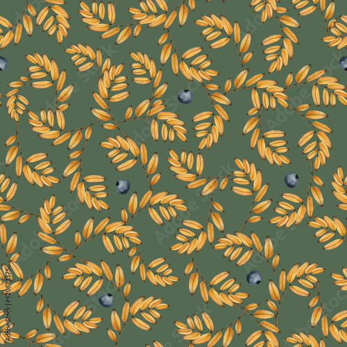 Watercolor yellow autumn leaves in forest seamless pattern on green. Warm fall botanical background with hand drawn plants illustration for fabrics and textiles
