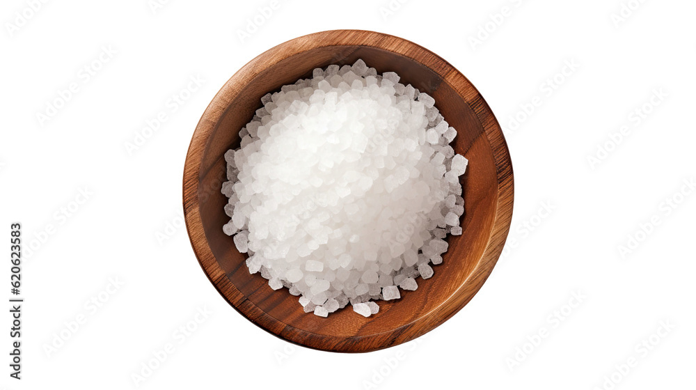 Sea salt, both coarse and fine, placed in a wooden bowl, portrayed alone on a plain transparent background. The perspective is from above, presenting a flat arrangement. Sea salt, both coarse and fine, placed in a wooden bowl, portrayed alone on a plain transparent background. The perspective is from above, presenting a flat arrangement.