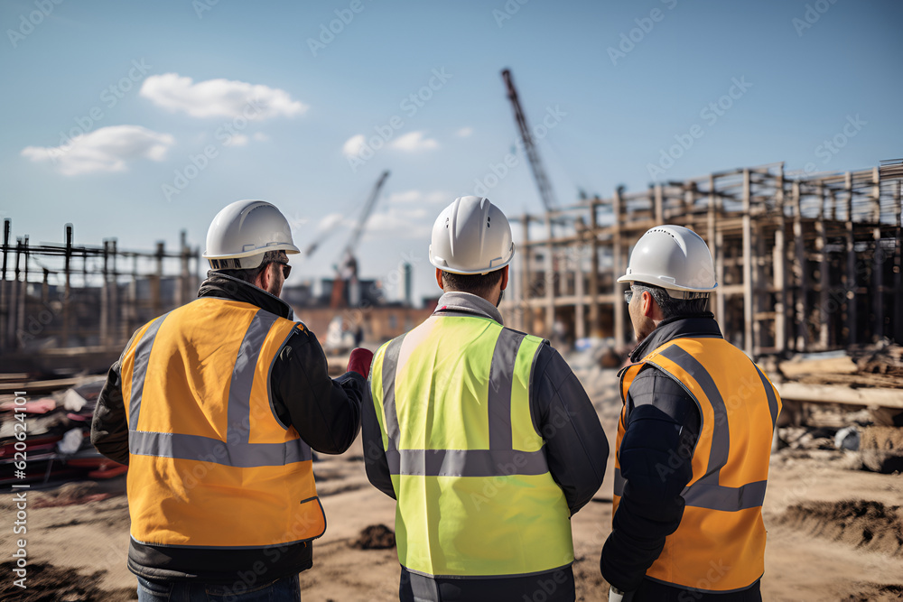 Back view of architects and engineers in helmet on construction site Back view of architects and engineers in helmet on construction site