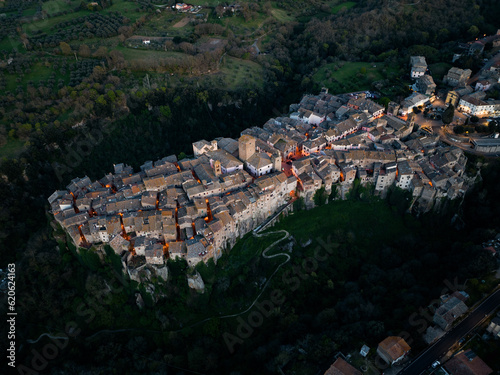 View from above, stunning aerial view of the village of Vitorchiano at sunset. Vitorchiano is a medieval Italian village in Viterbo Province, Lazio, Italy..