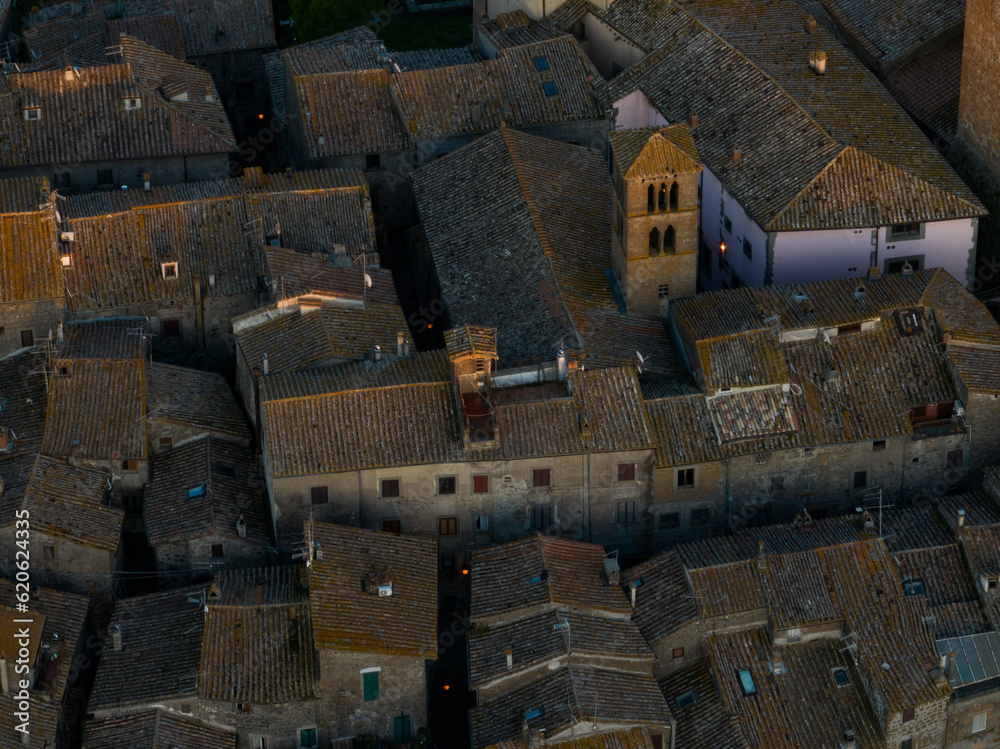 View from above, close-up view of the village of Vitorchiano at sunset. Vitorchiano is a medieval Italian village in Viterbo Province, Lazio, Italy..