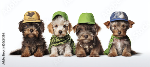 Photographed puppies in a row with superhero costume isolated on pastel background  