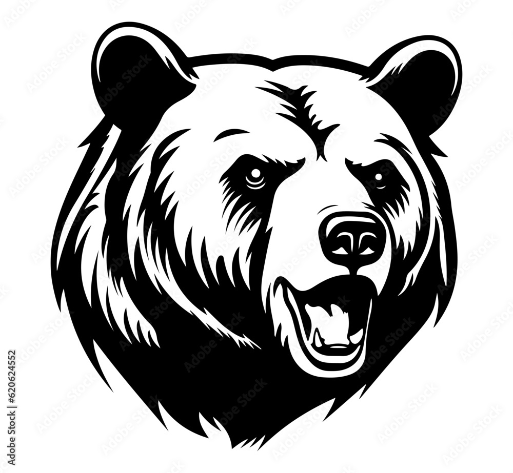 A brown bear's head with its mouth open, black vector design, isolated on white 