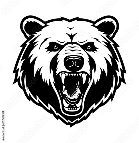 A Majestic Bear Roaring an showing it big sharp pointed teeth, black vector design, isolated on white 