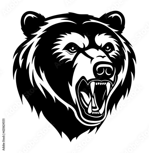 A brown bear's head with its mouth open, an showing it big sharp pointed teeth, black vector design, isolated on white 