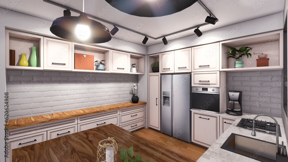 A 3D rendering of interior design for a kitchen A 3D rendering of interior design for a kitchen