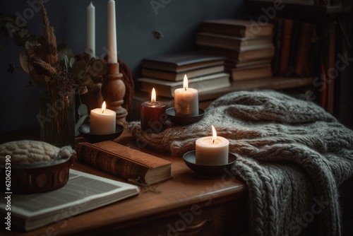 The winter holidays ambiance with candles, a cozy sweater, and a book. Generative AI