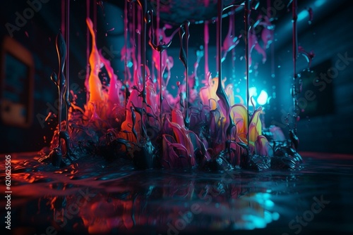 Vibrant liquid painting with neon splatters. Generative AI
