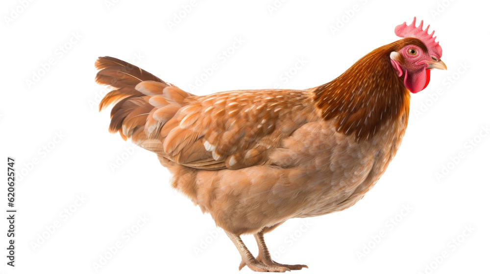 Fototapeta premium Entire body of a brown chicken, a female poultry, standing alone on a transparent background. Suitable for a theme related to farm animals and livestock.