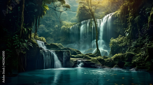 Waterfall in the middle of a jungle, fantasy landscapes - generative AI, AI generated