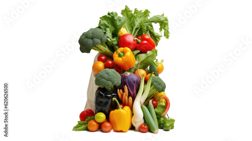 A sack made of paper containing various vegetables and fruits is placed on a transparent background. It is a depiction of vegetarian food.
