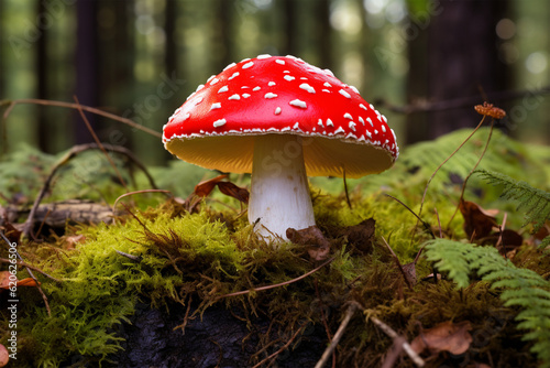 Red fly agaric mushroom or toadstool growing in the forest