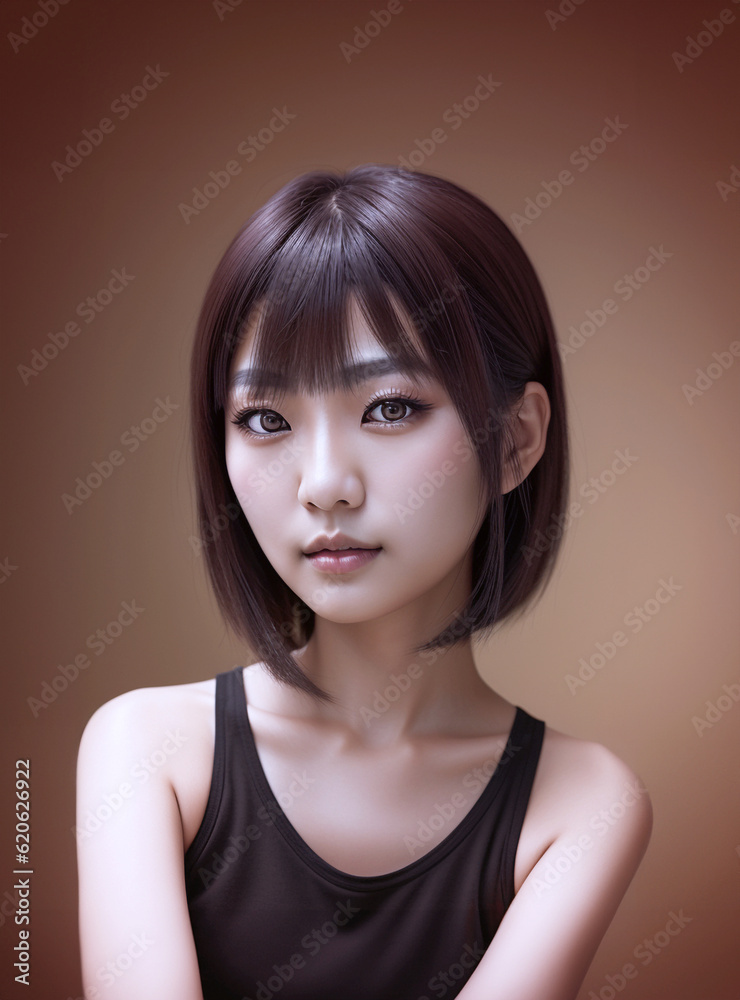 illustrazione con ritratto primo piano di ragazzina di origine asiatica, capelli scuri, taglio a caschetto, atteggiamento serio, maglietta nera, sfondo di luce diffusa, Generative ai illustrazione con ritratto primo piano di ragazzina di origine asiatica, capelli scuri, taglio a caschetto, atteggiamento serio, maglietta nera, sfondo di luce diffusa, Generative ai