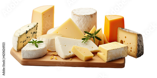 Assorted types of cheese separated on a plain transparent background.