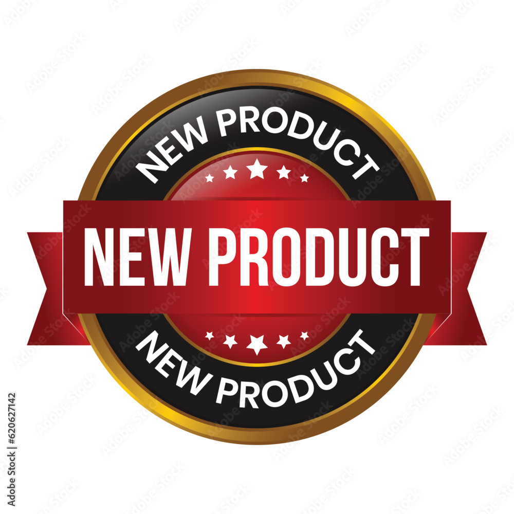Glossy New Product Label, New Products Icon, New Product Banner, 3D Realistic Business Badge Design, Arrival Goods Rubber Stamp Isolated On White Background
