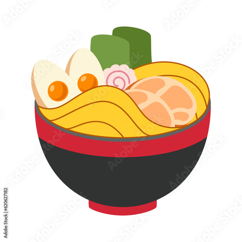 Vector illustration of delicious Japanese ramen noodle on bowl with flat style. Traditional Asian noodle soup. Ramen with eggs and shrimp. The noodles are hanging on sticks. Eastern cuisine.
