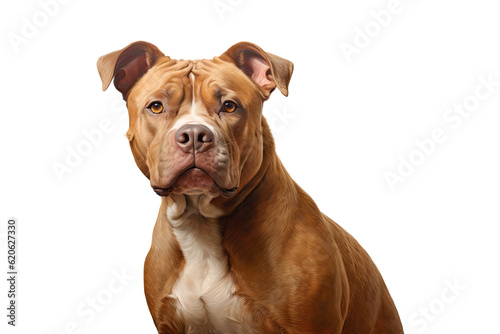 A pitbull-type dog with brown and white fur is seated in a studio portrait. The dog is gazing ahead with its head tilted, resting against a pale grey backdrop.