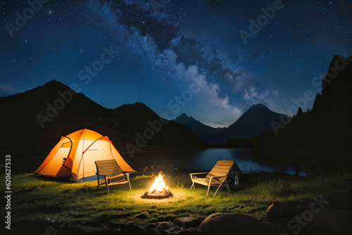 Summer camping in the mountains. Tents in the night with the starry sky and clouds in the background.
