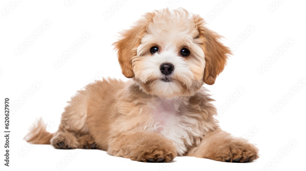 Adorable young dog of a Maltipoo breed, striking a pose all by itself with a plain transparent background. Adorable young dog of a Maltipoo breed, striking a pose all by itself with a plain transparent background.