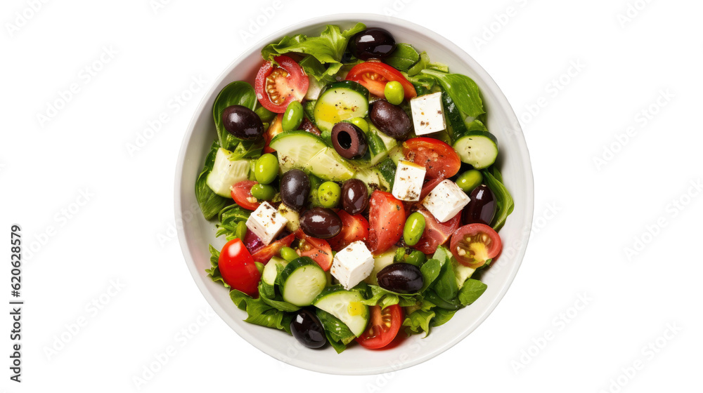 Greek salad made with fresh veggies, feta cheese, and olives. Nourishing cuisine. Captured on a transparent background, viewed from above.
