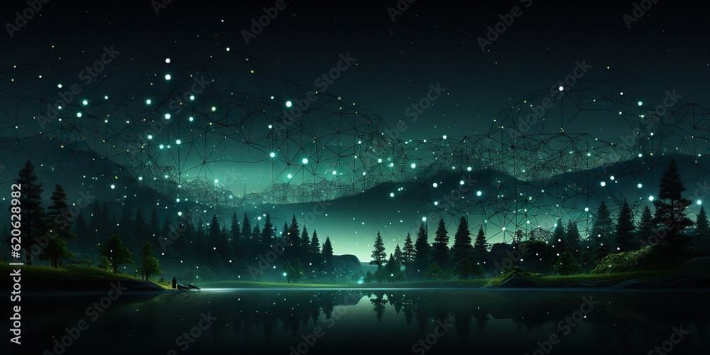 Naklejka premium AI Generated. AI Generative. Glowing light energy forest trees at night. Nature outdoor wild landscape. Graphic Art