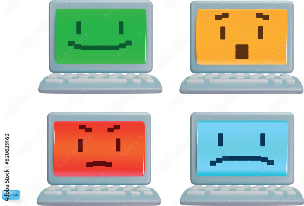 Laptop emoji set for computer diagnostics or ai-human interaction consept. Vector illustration isolated on white background. Modern style design elements, 3d rendering. Laptop emoji set for computer diagnostics or ai-human interaction consept. Vector illustration isolated on white background. Modern style design elements, 3d rendering.