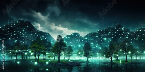 AI Generated. AI Generative. Glowing light energy forest trees at night. Nature outdoor wild landscape. Graphic Art © Graphic Warrior
