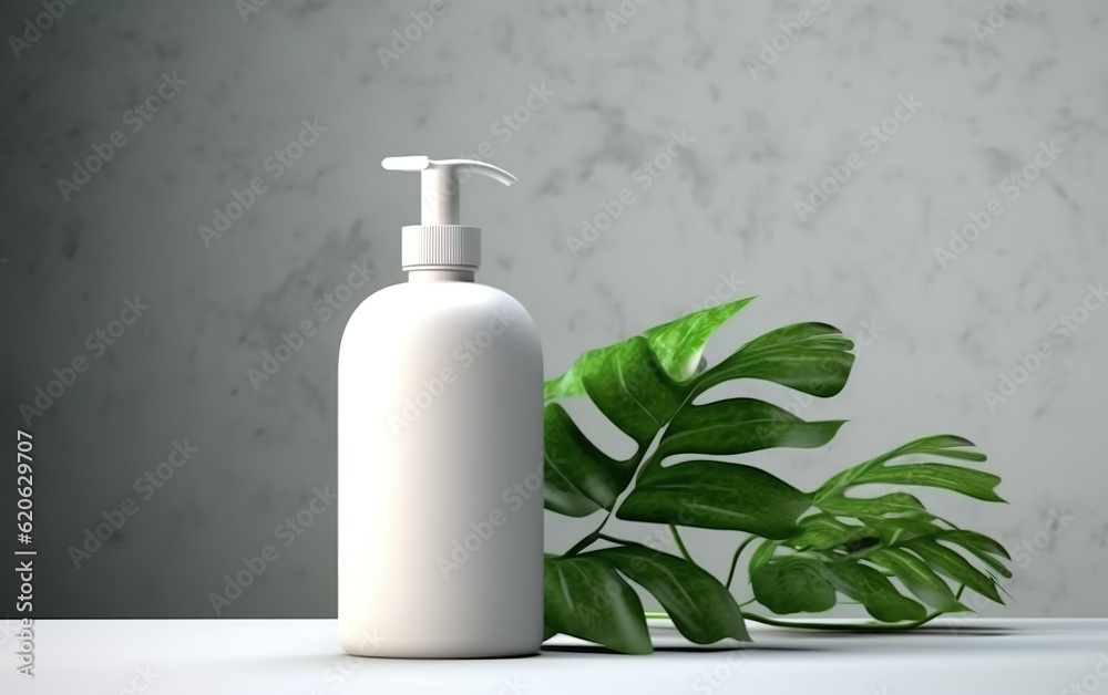 empty bottle mockup of white blanc dispenser on a white table counter, marble background, cosmetic product display podium scene with tropical leaf empty bottle mockup of white blanc dispenser on a white table counter, marble background, cosmetic product display podium scene with tropical leaf