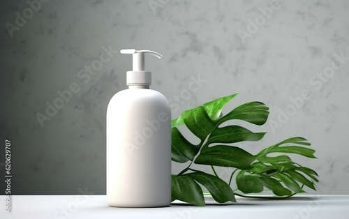 empty bottle mockup of white blanc dispenser on a white table counter  marble background  cosmetic product display podium scene with tropical leaf