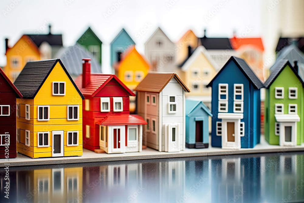 Toy village with many colored miniature houses - Generative AI