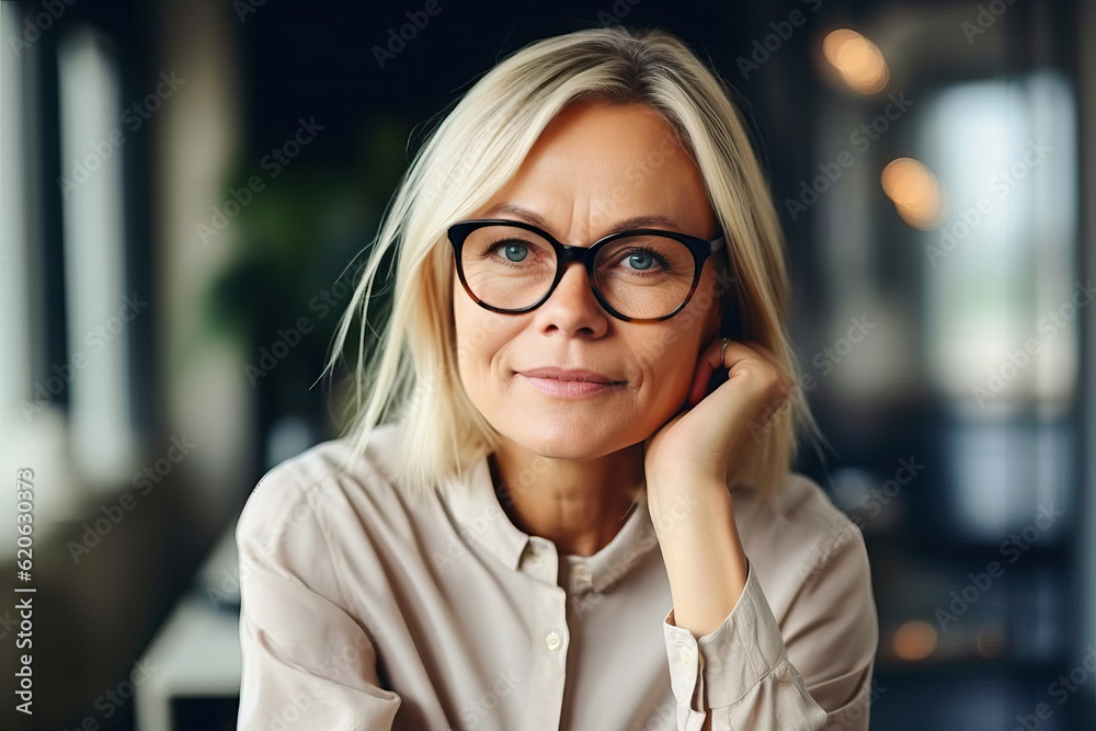 Illustration of a businesswoman sitting at a table wearing glasses created with Generative AI technology Illustration of a businesswoman sitting at a table wearing glasses created with Generative AI technology