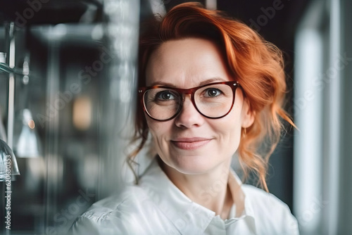 Illustration of a professional woman wearing glasses and a white shirt in a business setting created with Generative AI technology