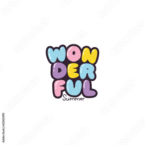 Wonderful Summer - lettering short slogan quote in cute retro graffiti style. Bubble hand drawn letters with black stroke. Vector isolate on white background.