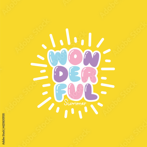 Wonderful Summer - lettering short slogan quote in cute retro graffiti style. Bubble hand drawn letters with white stroke. Vector on pastel yellow background