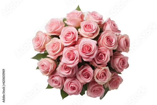 A collection of pink roses arranged in a bouquet  separated from the background by a white space.