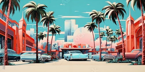 AI Generated. AI Generative. Miami beach old vintage retro car with ocean palm city urban usa american 1980 vibe. Graphic Art