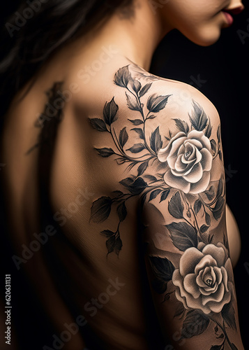Woman with floral tattoo on her arm and back. Generative Ai image